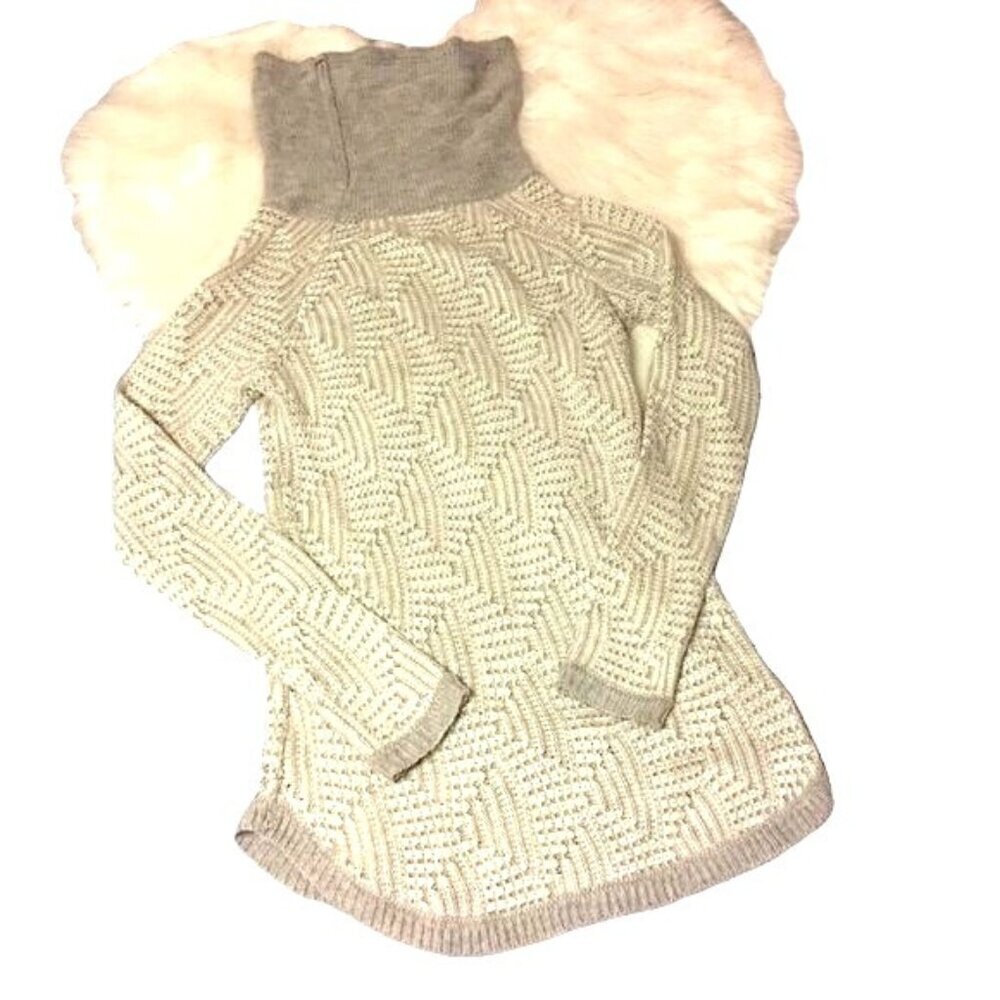 Dress Barn Womens Sweater Cowl Neck Draw String Round Hem Pull Over Gray/White
